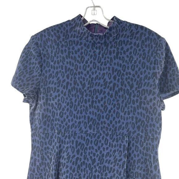Jessica Howard Dress Blue Glitter Leopard Mock Neck Sz 14 Shoulder Pads Vintage - Picture 3 of 12